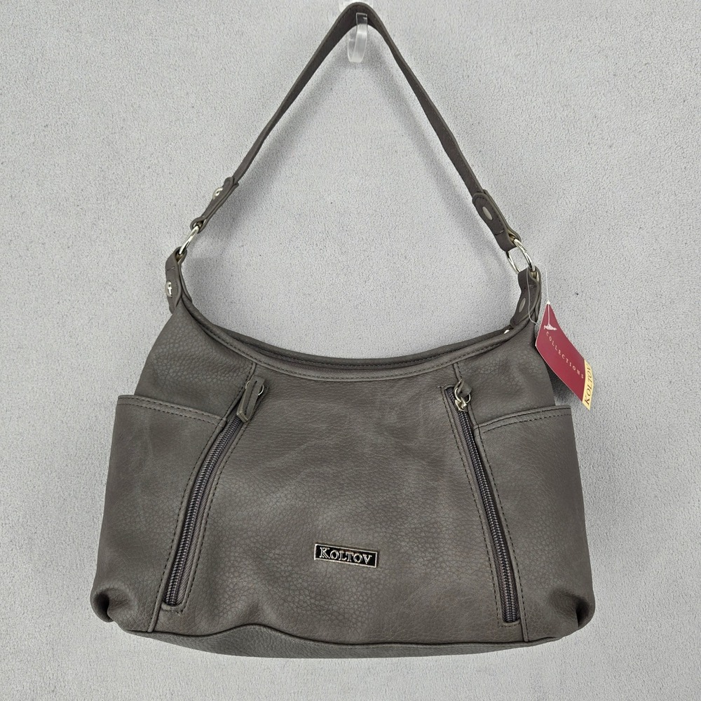 Koltov Womens NWT Taupe Gray Faux Leather Multi Pocket Hobo Shoulder Bag K862TA